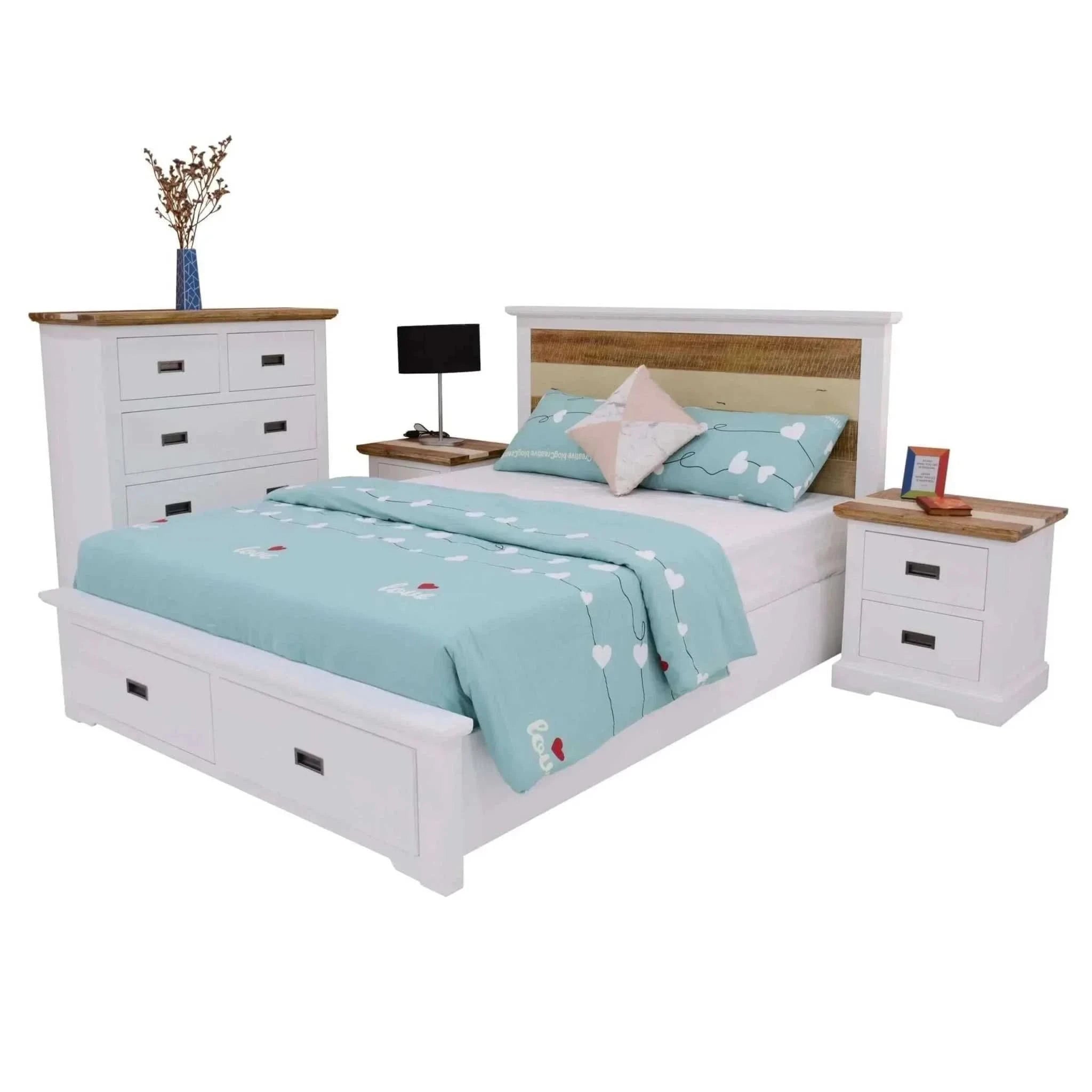 Orville 4pc Queen Bed Frame Suite Bedside Tallboy Furniture Package -M