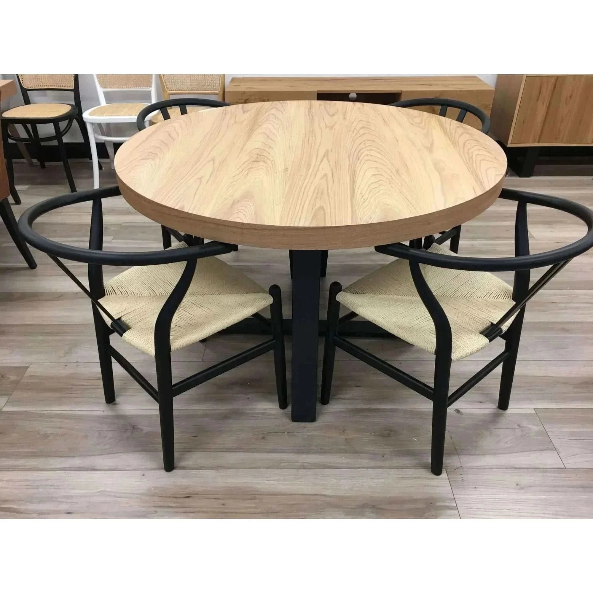 Petunia Round Dining Table 120cm Elm Timber Wood Black Metal Leg - Nat