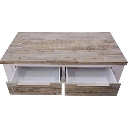 Plumeria Solid Timber Coffee Table 130cm 2 Drawer - White Brush