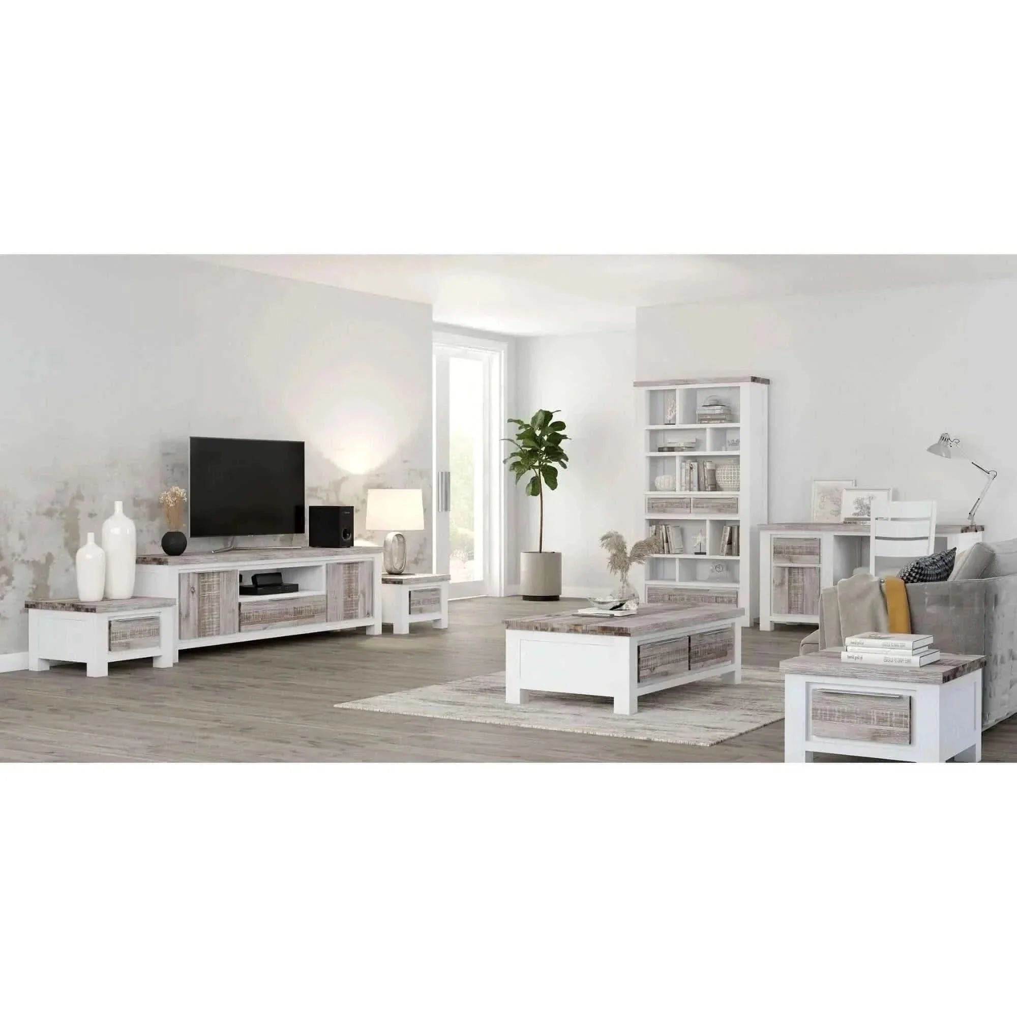 Plumeria Solid Acacia Timber TV Unit 176cm 2 Door - White Brush