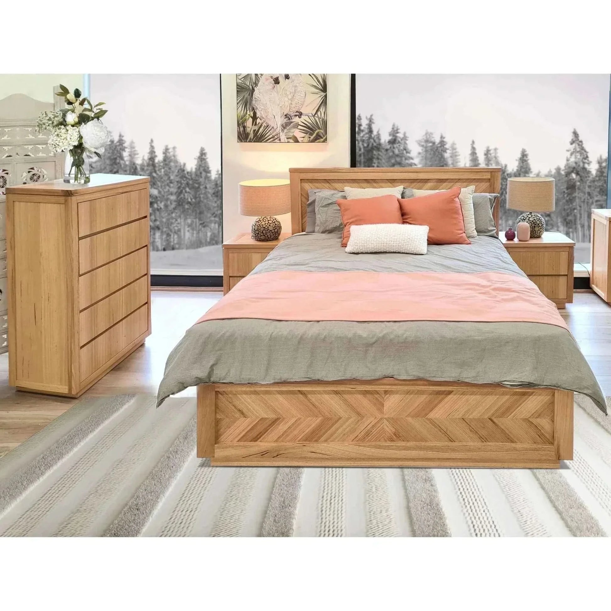 Rosemallow 2pc Bedside 1 Tallboy Chest of Drawers Set