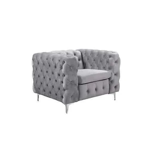 Single Seater Grey Sofa Classic Armchair Button Tufted in Velvet Fabri