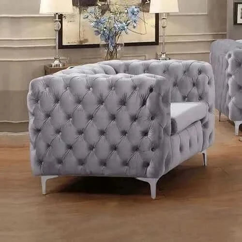 Single Seater Grey Sofa Classic Armchair Button Tufted in Velvet Fabri