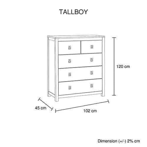 Tallboy with 5 Storage Drawers in Cloud White Ash Color with Solid Aca