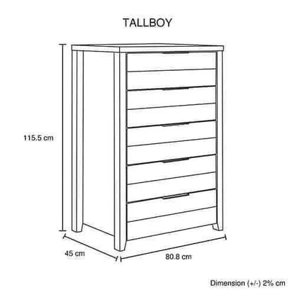 Tallboy with 5 Storage Drawers Natural Wood in White Ash Colour