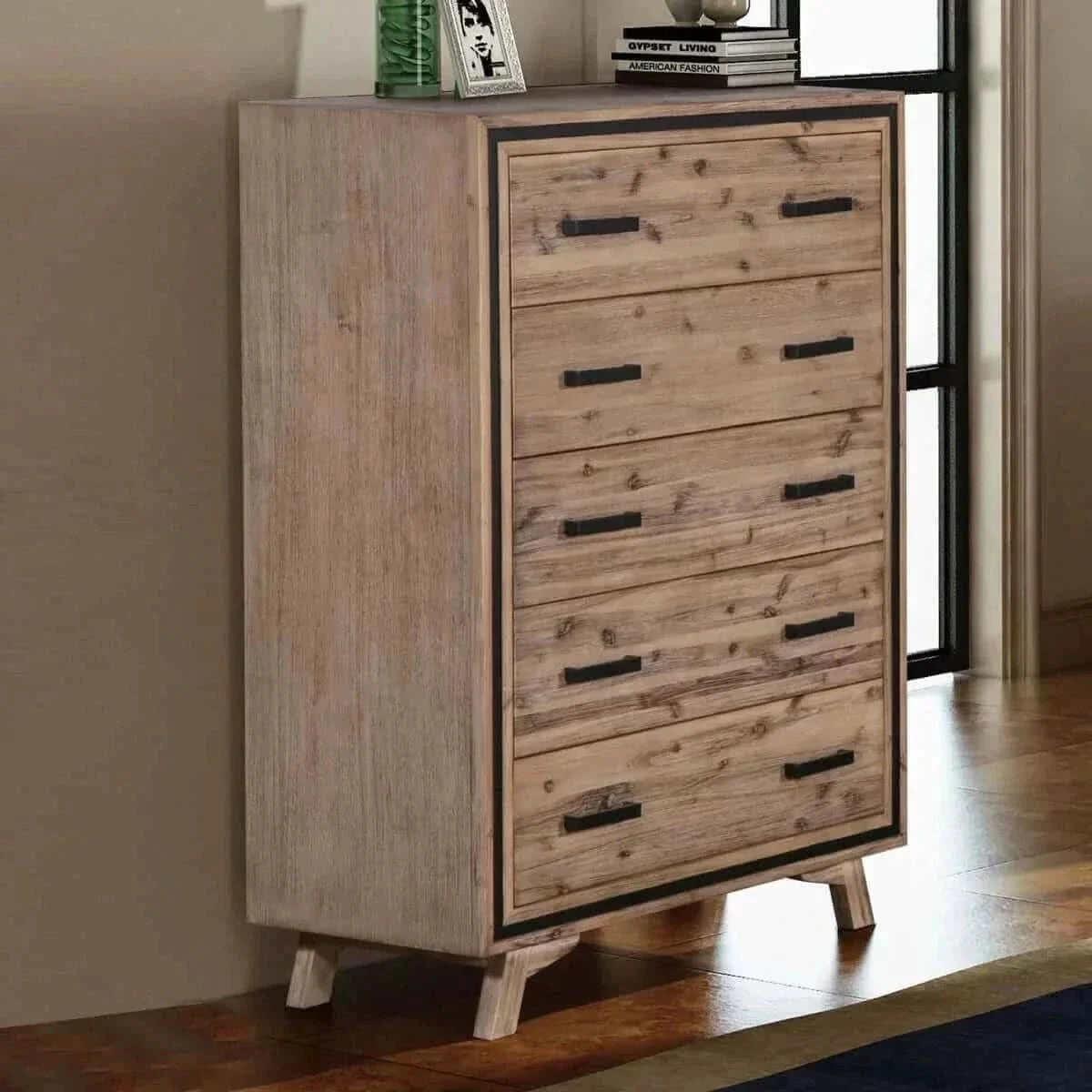 Tallboy with 5 Storage Drawers For Bedroom in Silver Brush Colour