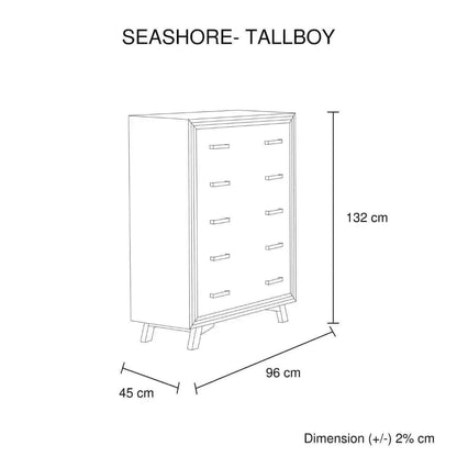 Tallboy with 5 Storage Drawers For Bedroom in Silver Brush Colour