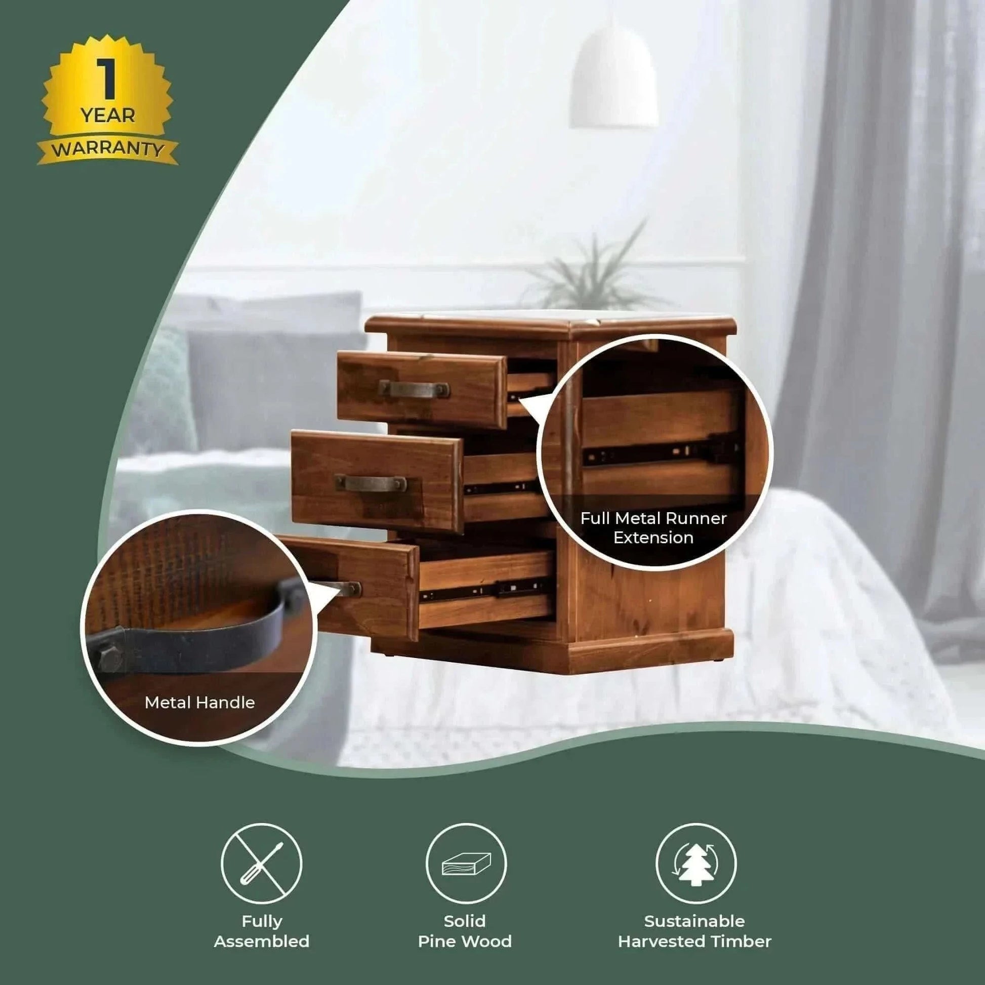 Umber 3 Drawers Storage Cabinet End Table - Dark Brown