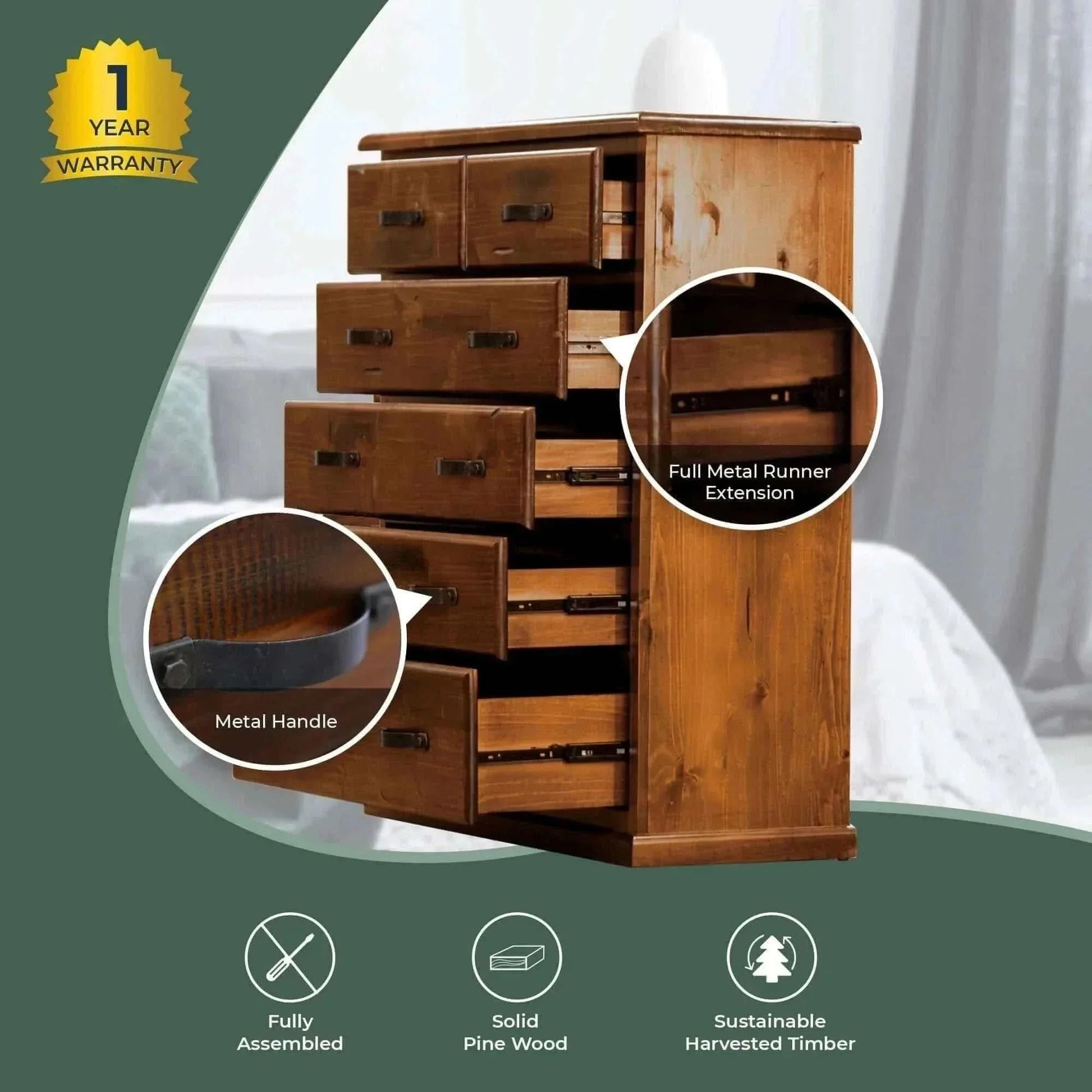 Umber Solid Pine Tallboy 6 Chest of Drawers - Dark Brown
