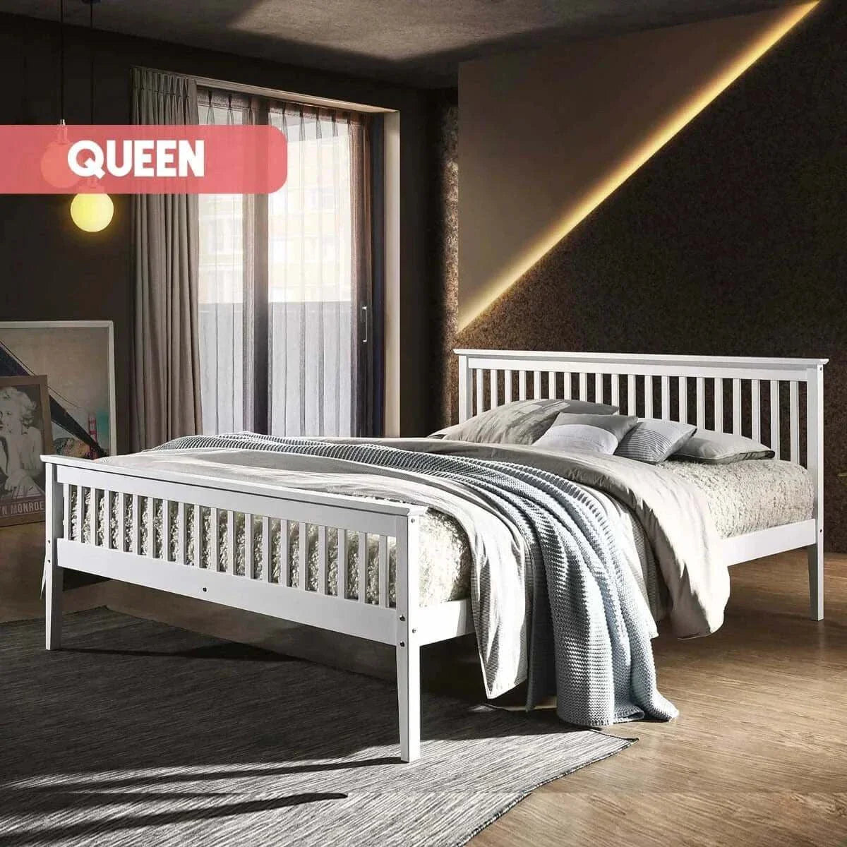 queen bed white wood